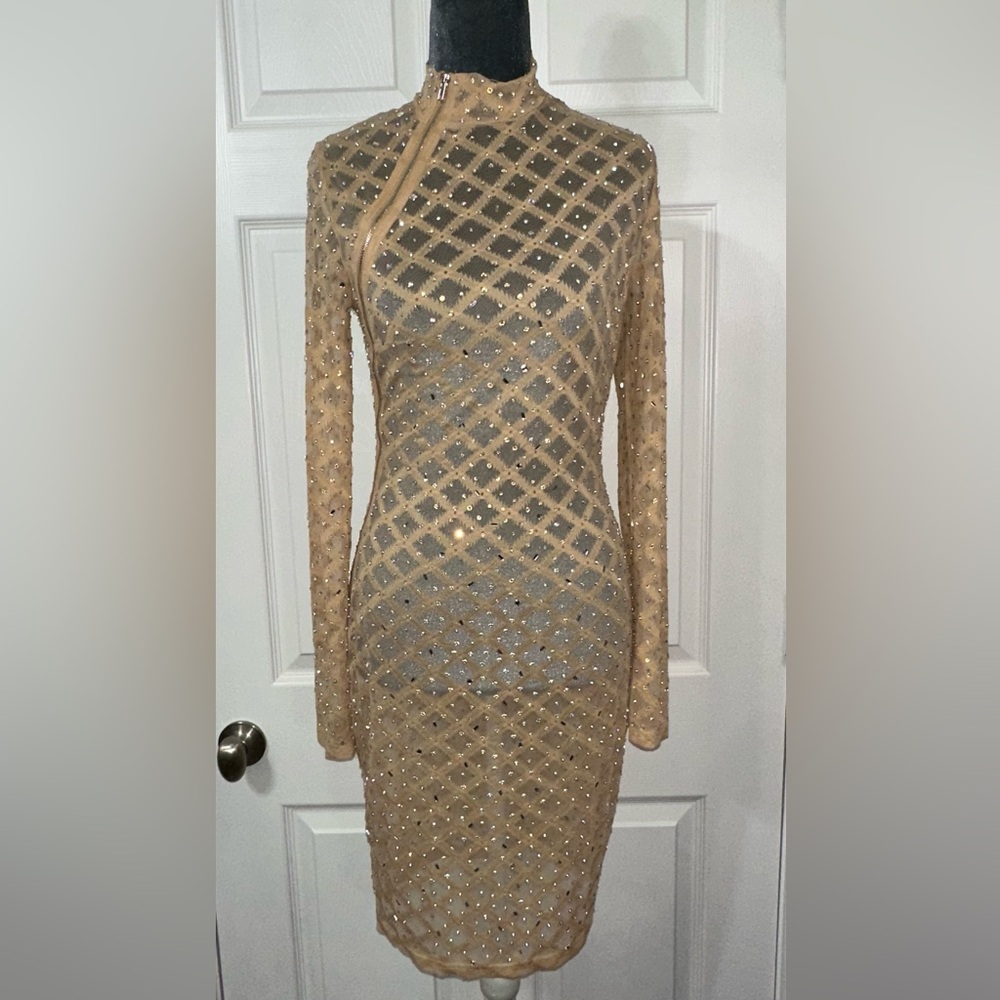 Elegant clear gem studded Long Sleeve shear Dress asymmetrical stylish zipper